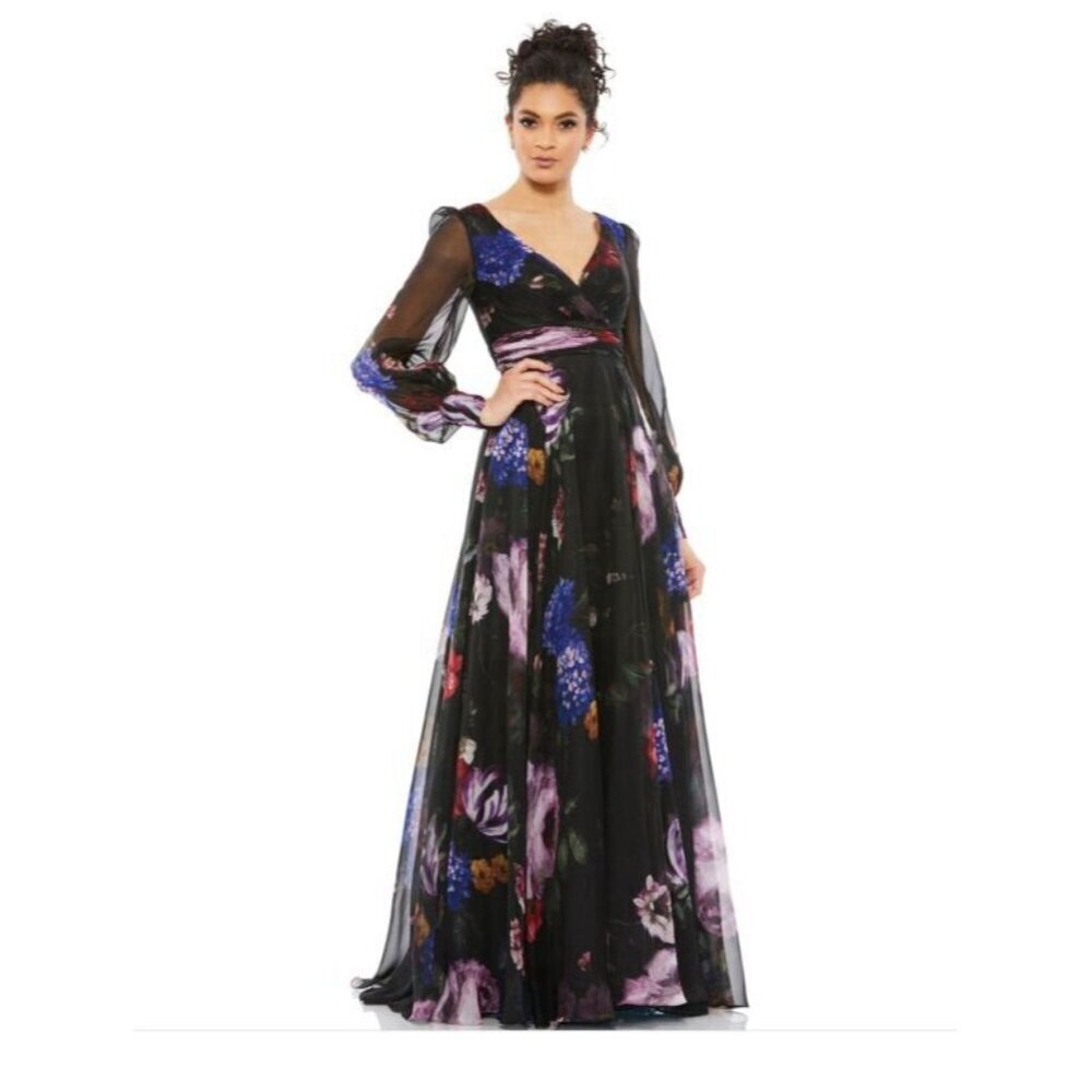Mac Duggal Size 6 Black Floral 67872 Chiffon Long Sleeve Evening Gown Dress $598